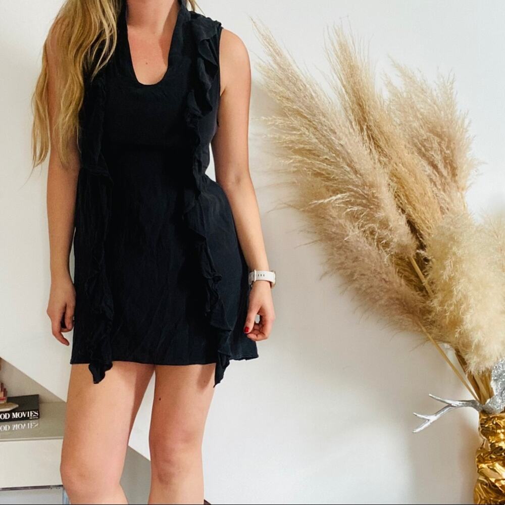 F21 FOREVER 21 LBD Silk Black Ruffle Mini Tank Top Sleeveless Scoop Dress L